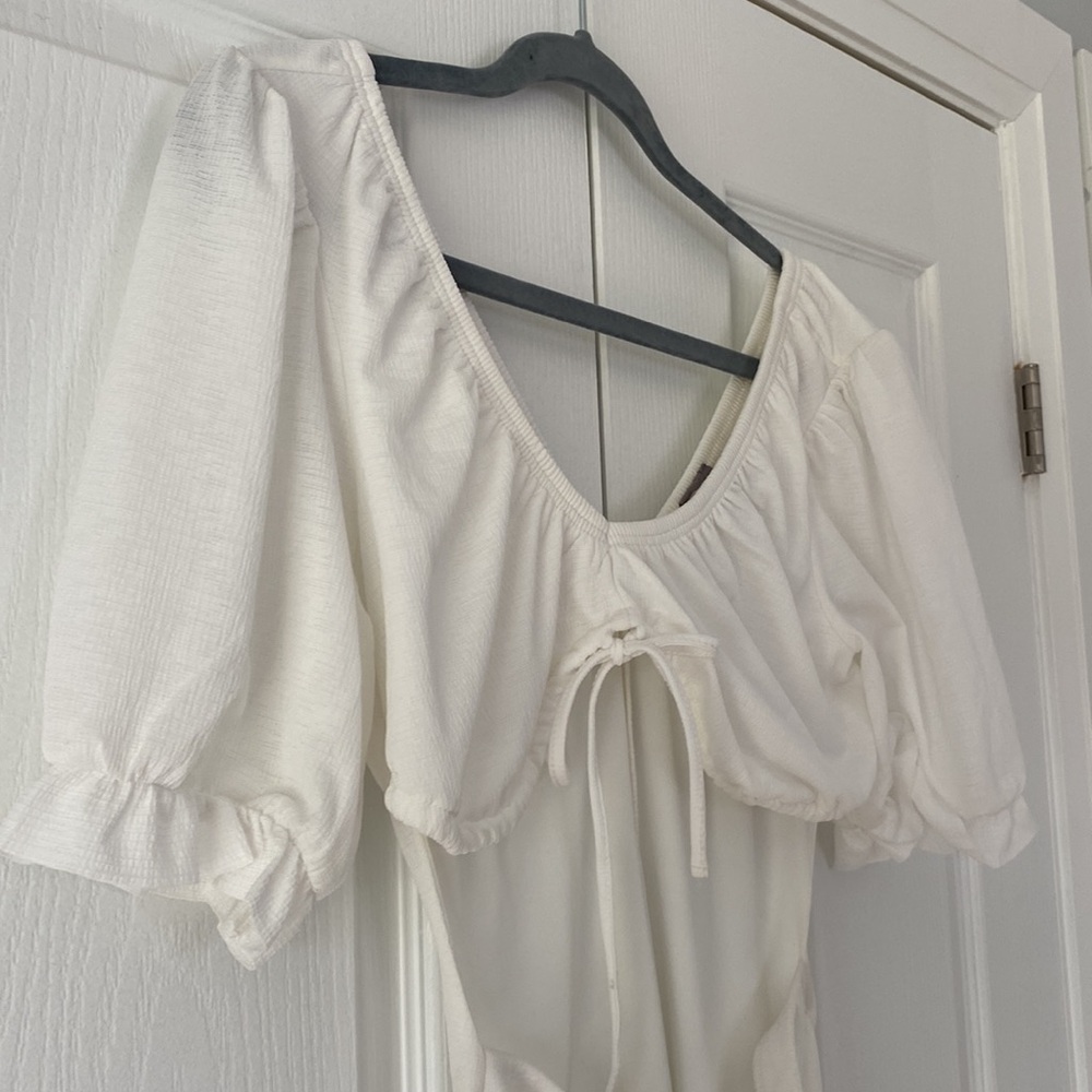ASOS White Ruched Cutout Midi Dress Puff Sleeve Cottagecore NWT - Picture 3 of 10